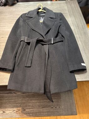 Calvin Klein Black Wool-Blend Belted Pea Coat